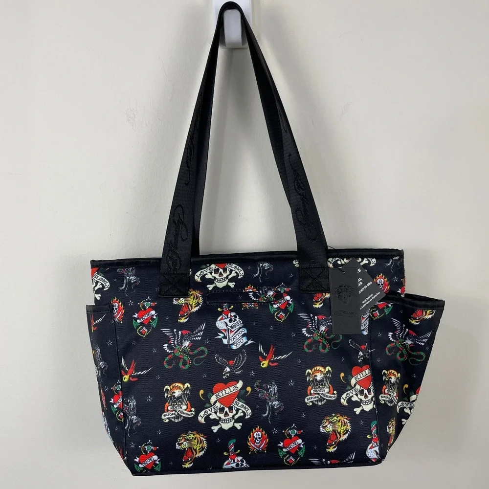 Ed Hardy Black‎ Tattoo Print Thermal Insulated Lunch Tote Bag with Container